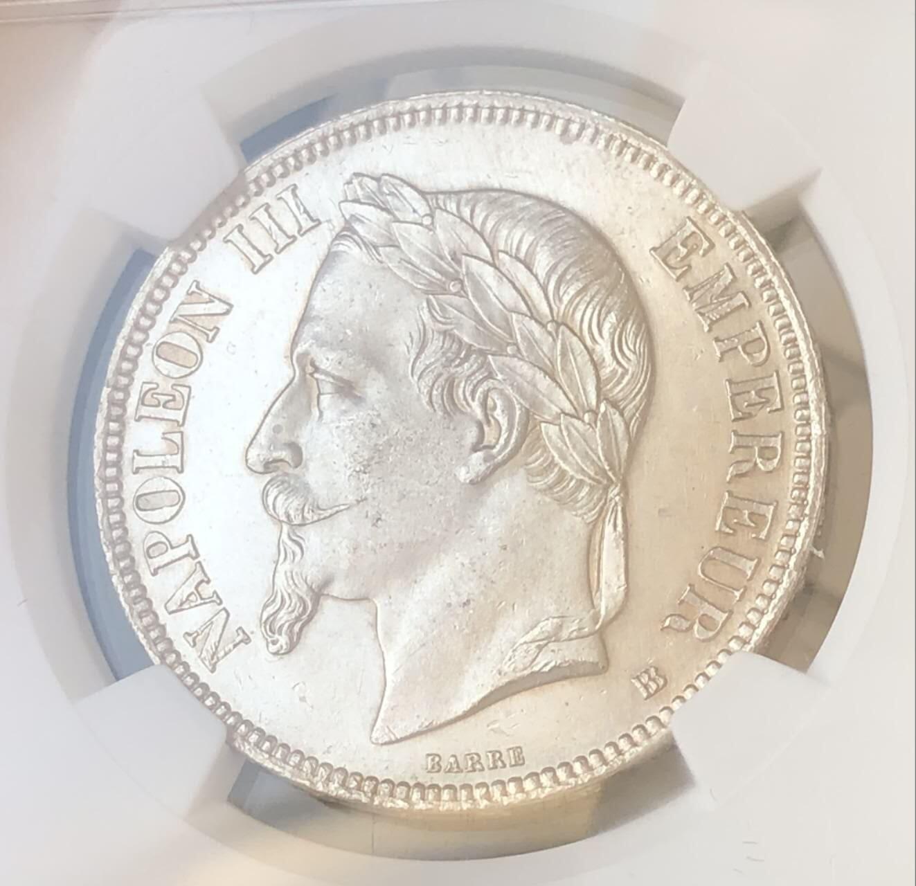 法国1869年拿破仑三世5法郎银币 NGC-MS63