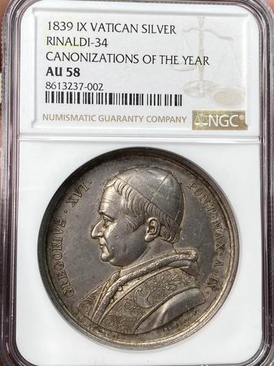 万国钱币拍卖第062期 - NGC AU58 1839年梵蒂冈教皇国格里高利十六世纪念年度封圣仪式大银章 早期教皇国高浮雕精品 欧陆原味包浆 本次年度封圣者为有有西班牙的乔瓦尼·德拉·克罗切（1542-1591）以及意大利的阿方索·玛利亚·德·利古奥里（1696-1787）、弗朗切斯科·德·杰罗尼莫（1642-1716）、帕奇菲科·达·圣塞韦里诺（1653-1721）和维罗妮卡·朱利亚尼