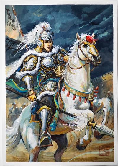 白泽拍卖卡牌手绘专场第33期（去岁千般皆如愿 今年万事定称心） - 2025 马哲帆手绘画 马超 尺寸：25.3cm*36.7cm  马哲帆钤印