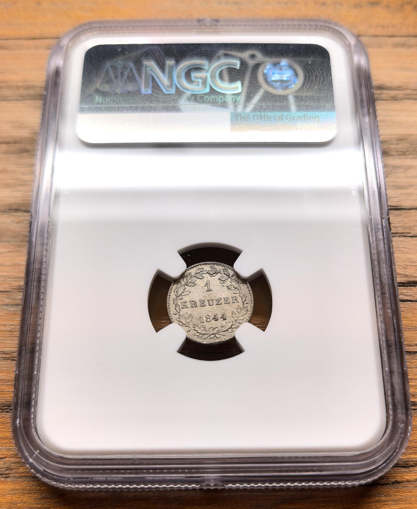 此心安处是吾乡·凡希社世界钱币微拍第三百二十期 1844德国黑森-达姆斯特1克鲁泽银币NGC-MS66，高分罕见！