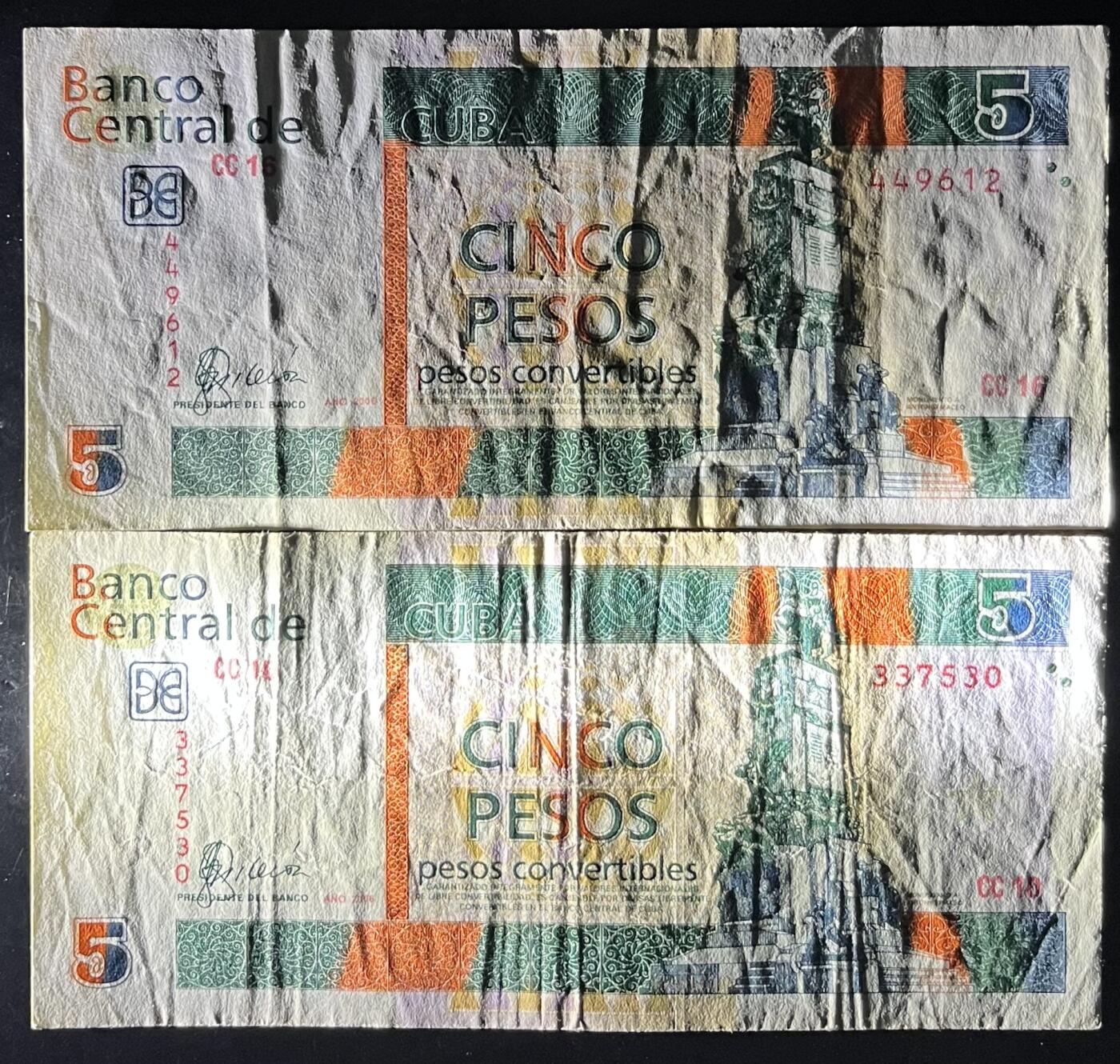小福收藏拍卖第201期 流通品相裸钞 特惠场 本场拍卖美洲大洋洲非洲亚洲纸币【佣金仅收2% 不设最低佣金 全场包邮】 古巴 2006年 5比索 外汇券 首年份 1组2张 