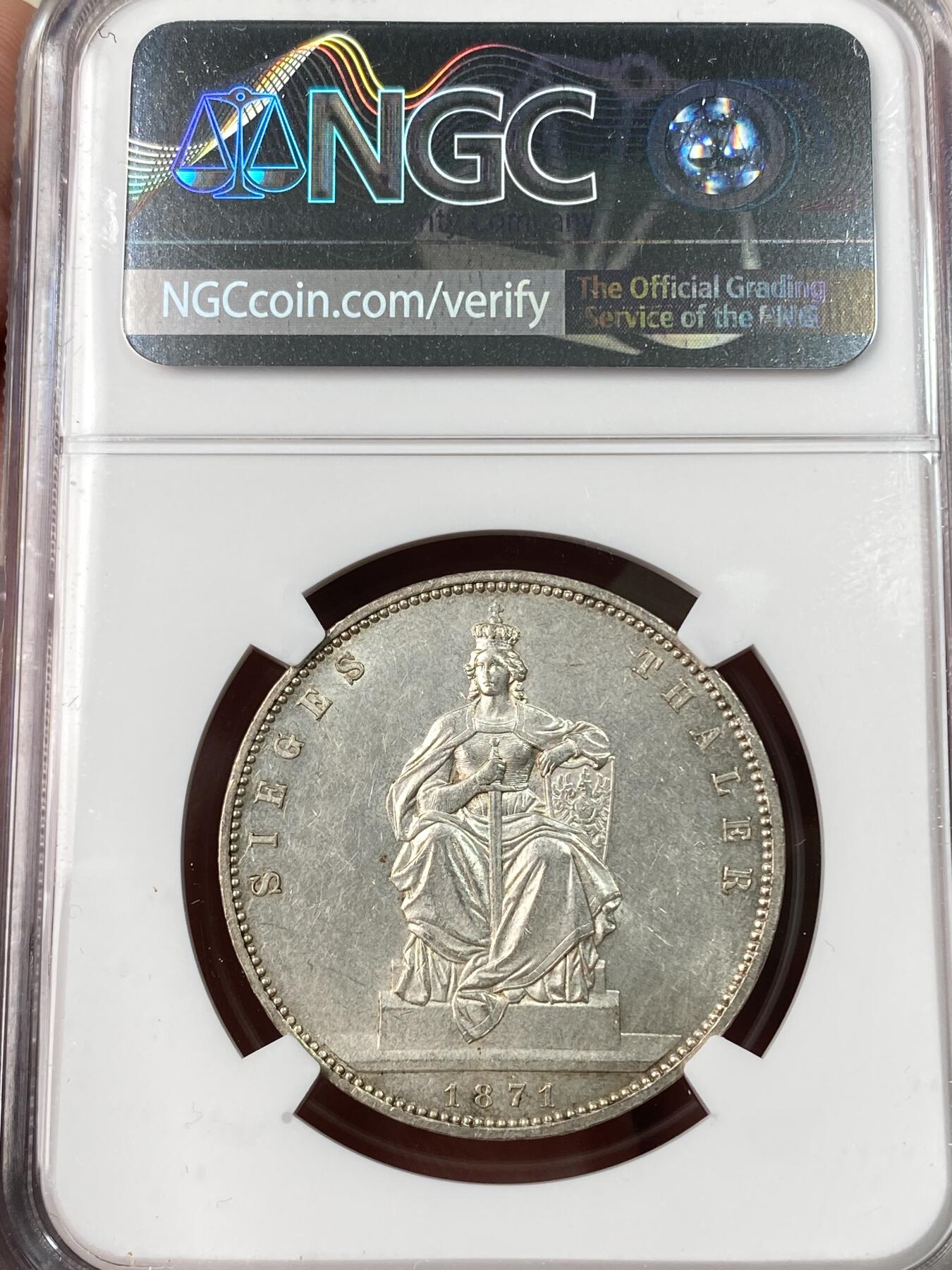 万国钱币拍卖第062期 NGC MS63 1871年德国普鲁士普法战争胜利泰勒 原光全深打非常难得 女武神五官细节纤毫毕现 银霜转光淡彩环绕收藏级