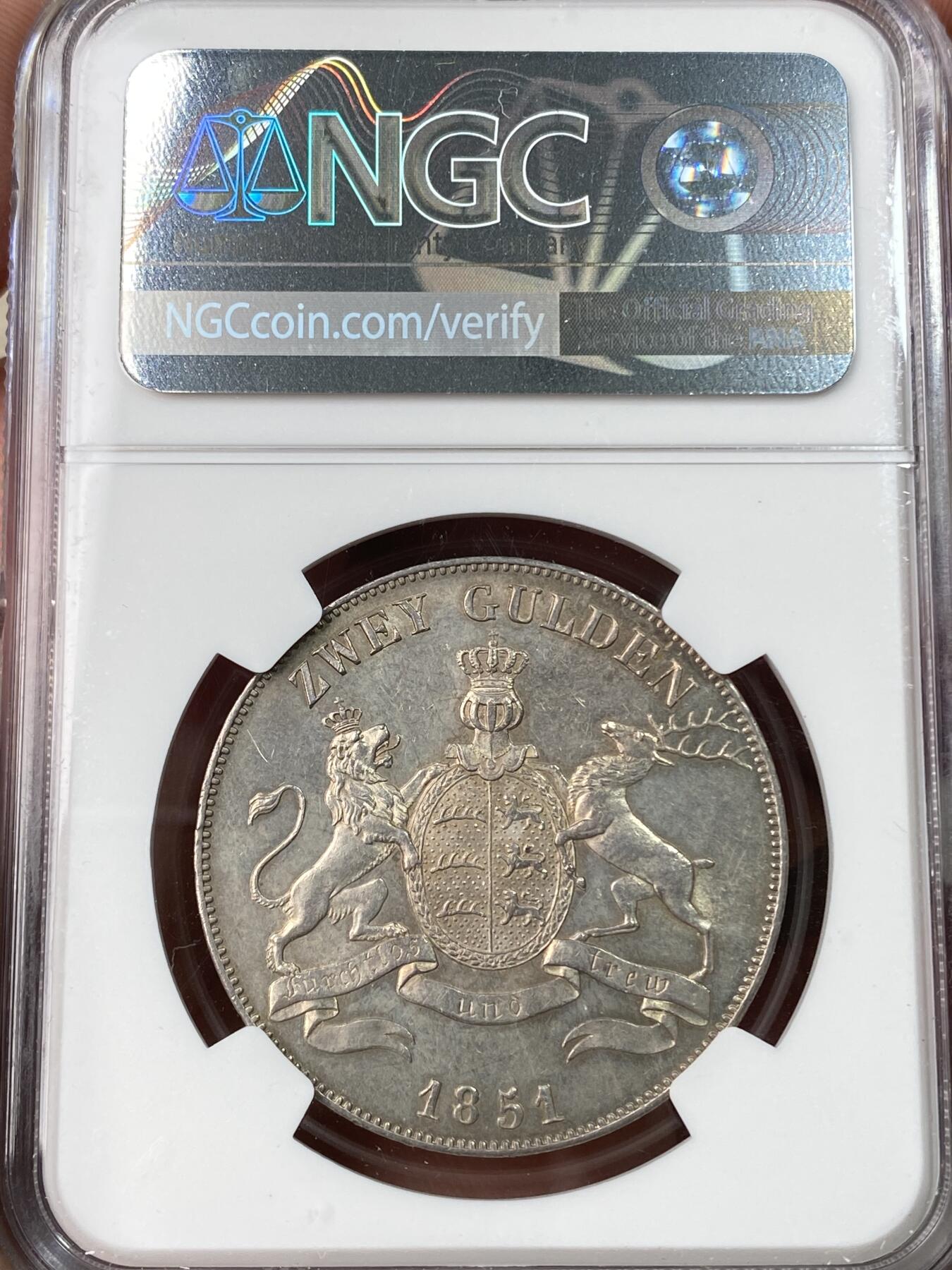 万国钱币拍卖第062期 NGC MS61 1851年德国符腾堡狮鹿流通2古尔登大银币 原味香槟金彩观感极佳 少见年份NGC唯一亚军仅4枚有分记录高难收藏级
