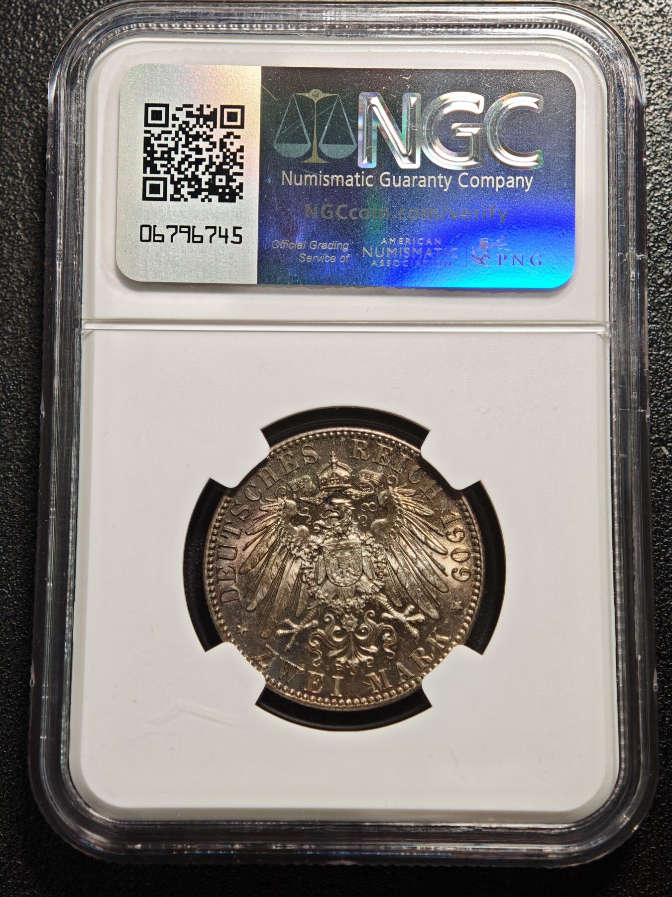 【德藏】世界币章拍卖第166期（拍品征集中~欢迎藏友联系） 1909年德国萨克森莱比锡大学2马克银币 NGC MS65 深彩包浆