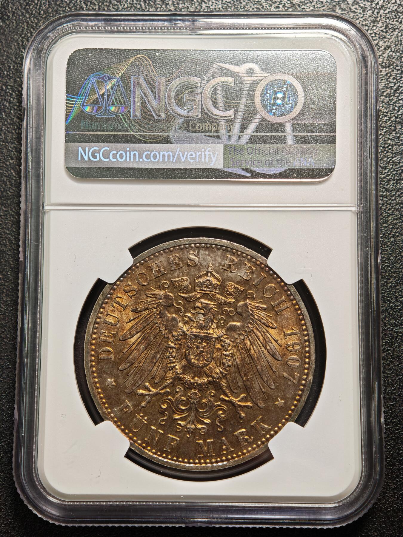 【德藏】世界币章拍卖第166期（拍品征集中~欢迎藏友联系） 1907年 德国巴伐利亚奥托5马克大银币 NGC UNC