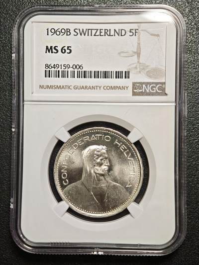 【德藏】世界币章拍卖第166期（拍品征集中~欢迎藏友联系） - 1969年 瑞士威廉泰尔5法郎 NGC MS65