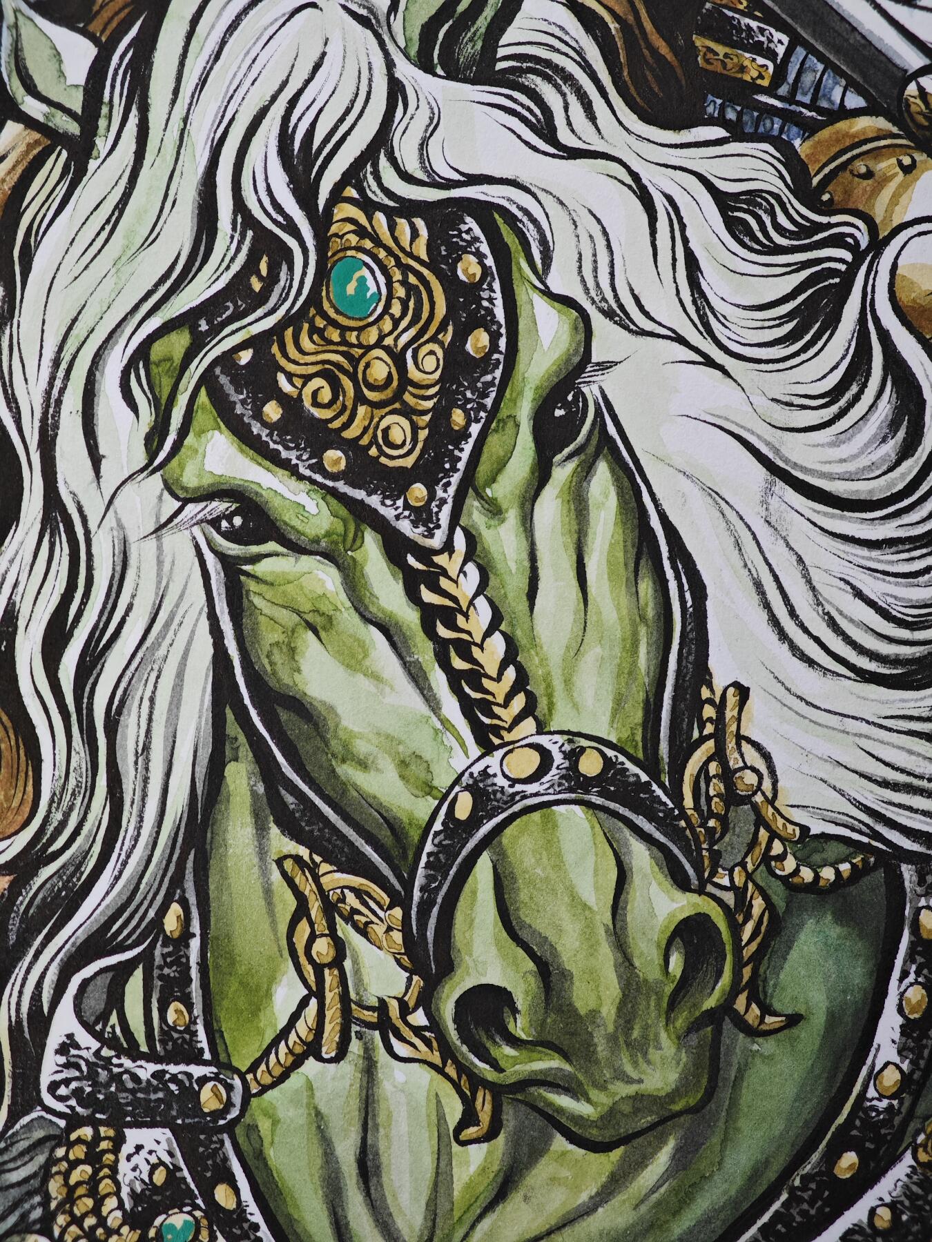 白泽拍卖卡牌手绘专场第33期（去岁千般皆如愿 今年万事定称心） 2025 张建东手绘画 马超  尺寸：27cm*39.3cm  张建东亲签