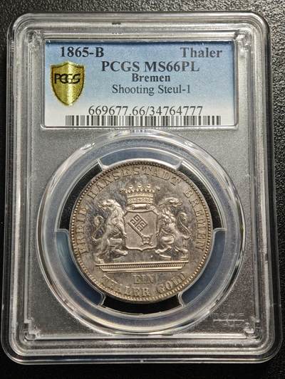 【德藏】世界币章拍卖第166期（拍品征集中~欢迎藏友联系） - 1865年 德国不莱梅泰勒银币 PCGS MS66PL 类镜面底板 原味淡包浆 状态极佳