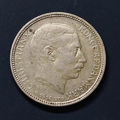 【全场包邮】纯粹捡漏拍509场 - 丹麦1916年克里斯蒂安十世2克朗银币【31毫米15克80%】