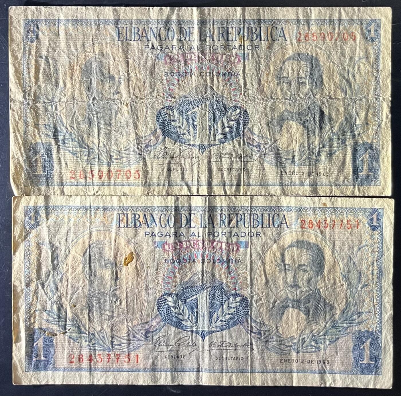 小福收藏拍卖第201期 流通品相裸钞 特惠场 本场拍卖美洲大洋洲非洲亚洲纸币【佣金仅收2% 不设最低佣金 全场包邮】 哥伦比亚 1963年 1比索 1组2张 