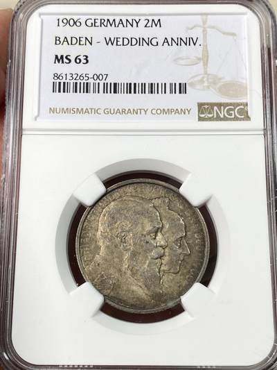 万国钱币拍卖第062期 - NGC MS63 1906年德国巴登金婚纪念长翅2马克 原味酱彩收藏级