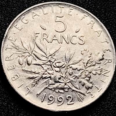 泉币菌-第203场-本场拍品多 请提前出价（正月十五统一发货） - 法国早期（1992年）5法郎大镍币 29MM 播种女神 入欧前末版 绝版币