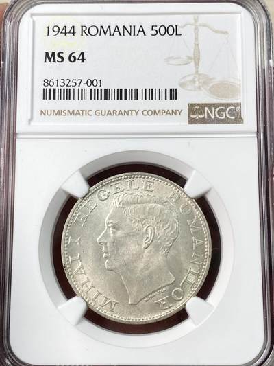 万国钱币拍卖第062期 - NGC MS64 1944年罗马尼亚米哈伊一世第二王朝500列伊银币 银霜转光收藏级