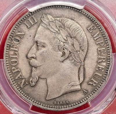 此心安处是吾乡·凡希社世界钱币微拍第三百二十期 - 1869A法国拿破仑三世桂冠像5法郎大银PCGS-MS62，美包浆，非普通常见年份！