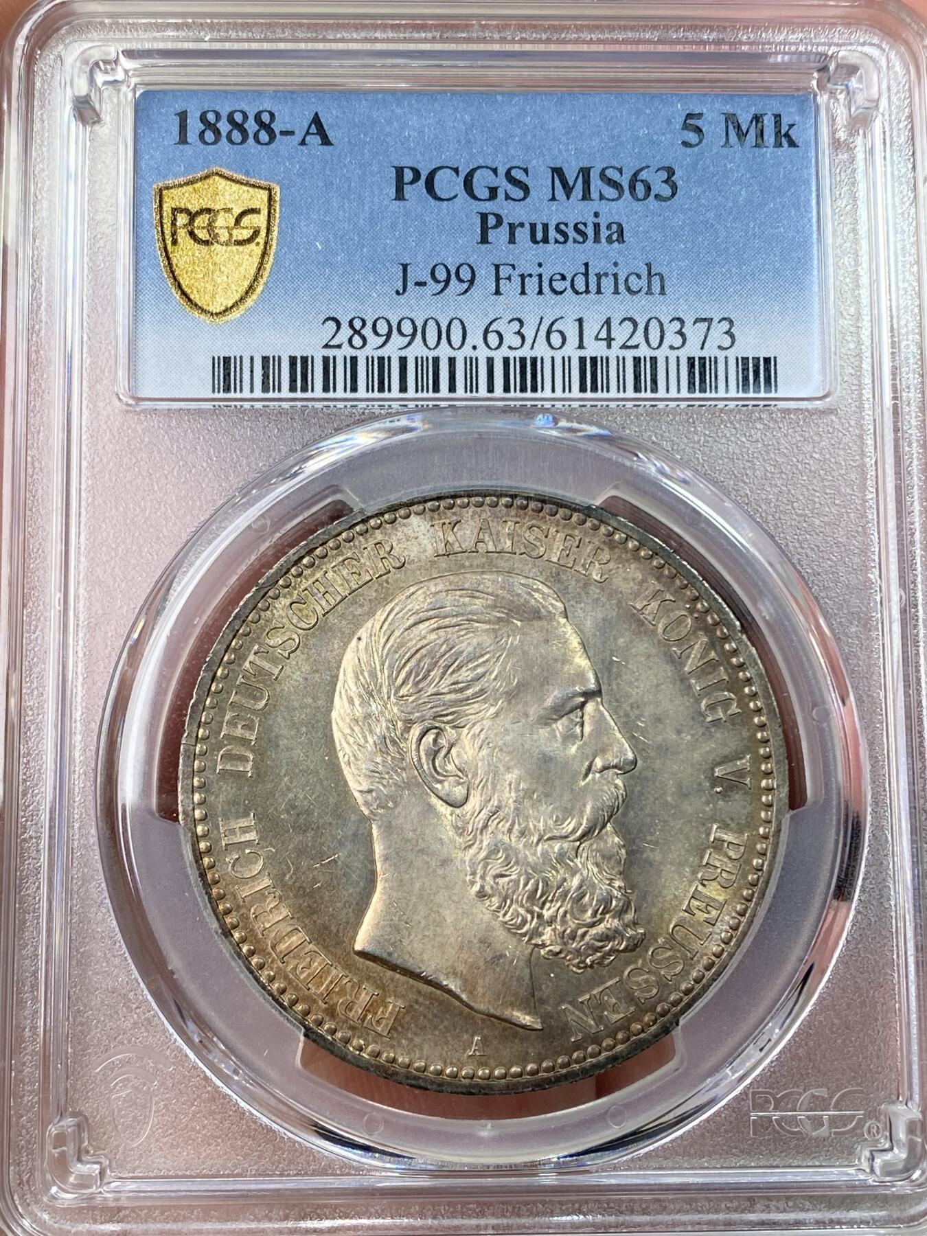 万国钱币拍卖第062期 PCGS MS63 1888你德国普鲁士三皇年腓特烈三世流通短翅5马克银币 油沁质感粉光底板 极美香槟金彩 收藏级品质