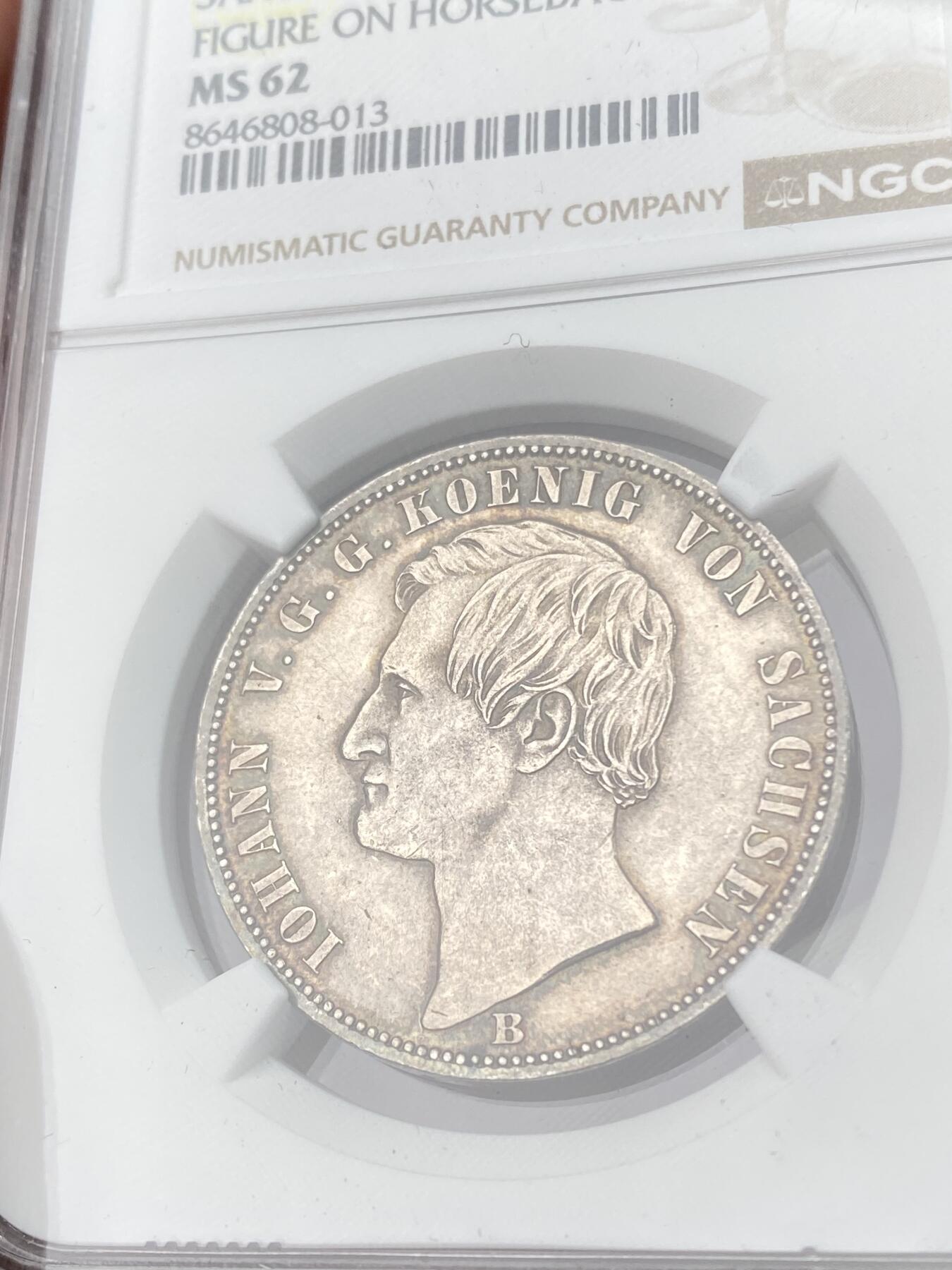 万国钱币拍卖第062期 NGC MS62 1871年德国萨克森普法战争胜利泰勒 经典女武神骑马凯旋泰勒 原味欧陆五彩环绕 胜利系列中发行量最少品种