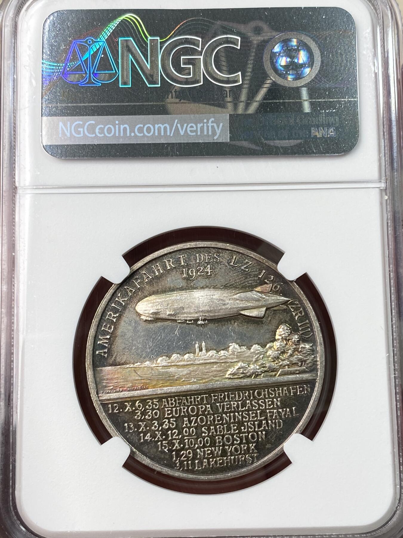 万国钱币拍卖第062期 NGC MS62 1924年德国齐柏林伯爵飞艇成功环绕地球纪念银章 欧陆天鹅绒七彩包浆顶级镜面喷砂收藏品质