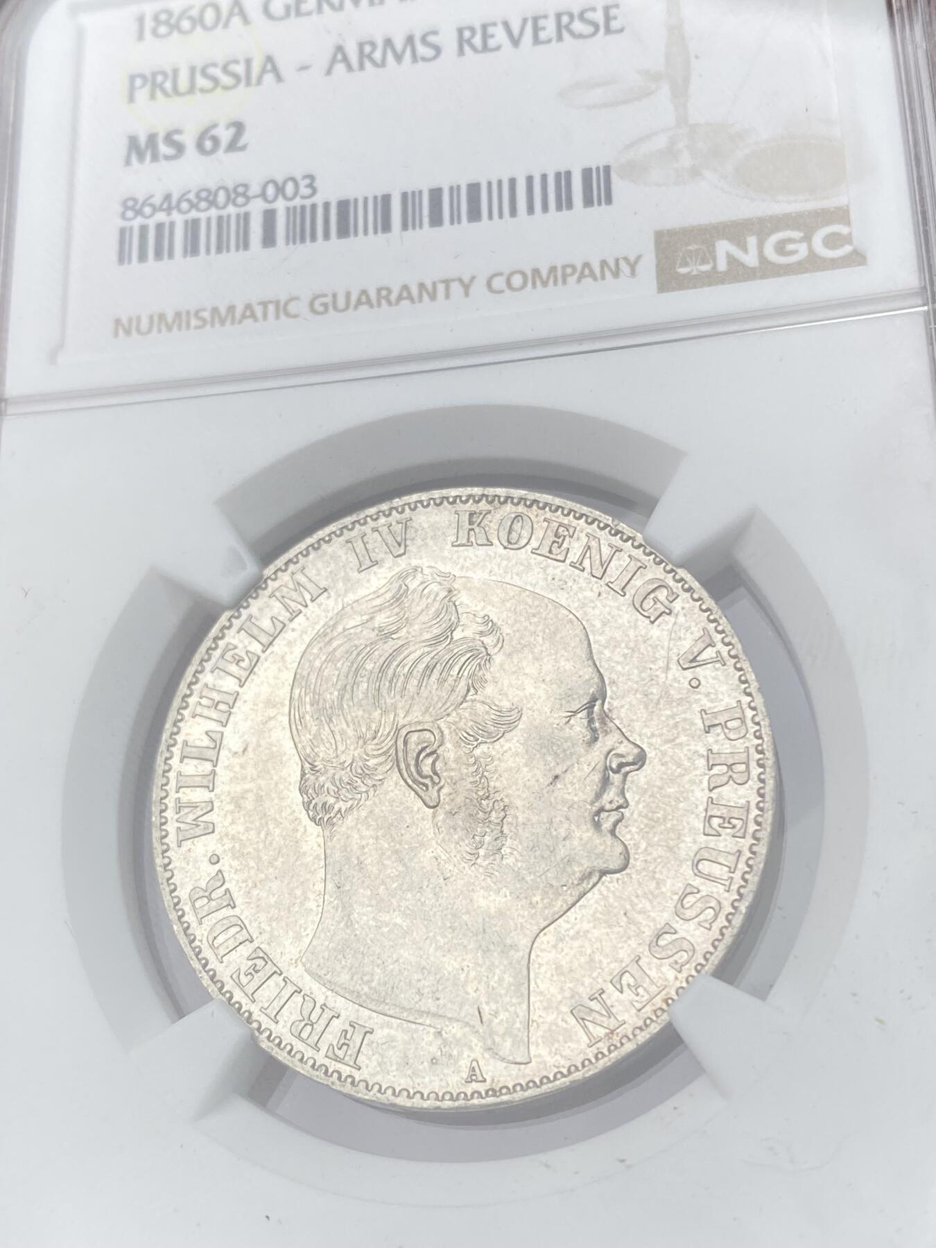 万国钱币拍卖第062期 NGC MS62 1860年德国普鲁士威廉四世离冠鹰流通1泰勒 流通充分品种 极致银霜轻微镜面收藏级
