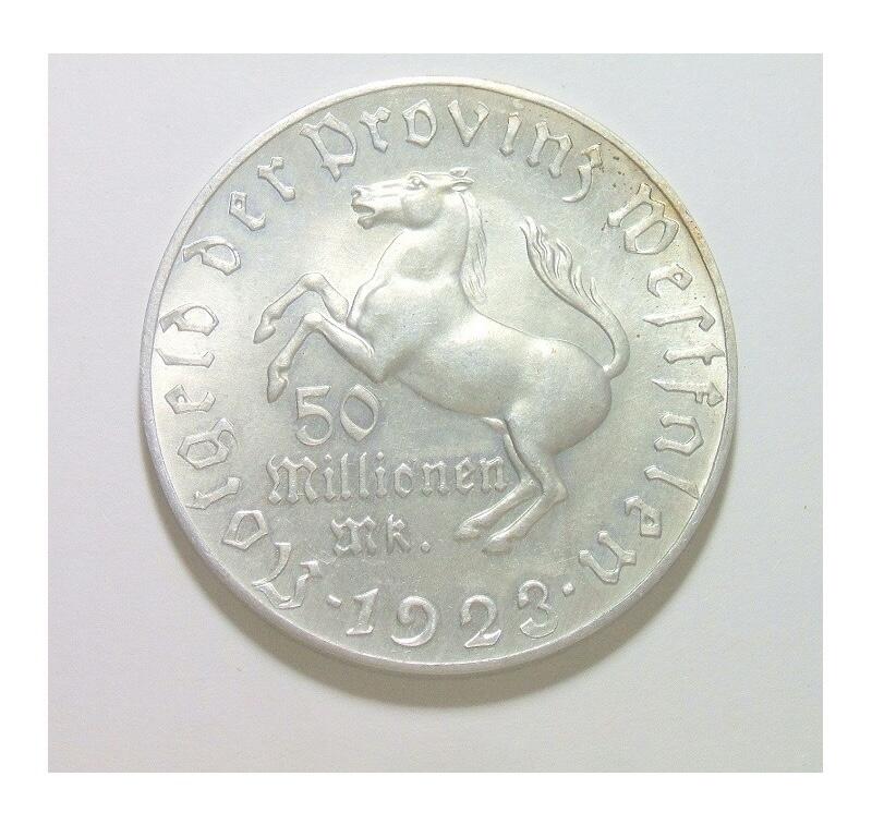 可评级 德国1923年威斯特法伦5千万马克大马币 大尺寸版 难得原光