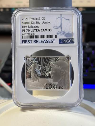 第191期拍卖 - 法国2021年致敬欧洲货币系列1播种女神矩形银币NGC-PF70首,9999银，22.2克，发行3000枚