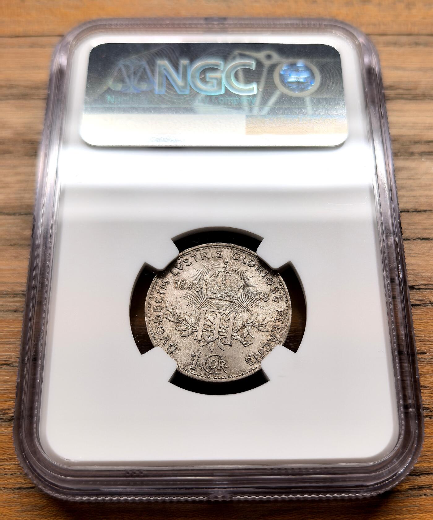 此心安处是吾乡·凡希社世界钱币微拍第三百二十期 1908奥地利约瑟夫加冕60周年纪念科罗那银币NGC-MS64，不是常见的流通版，要少很多。