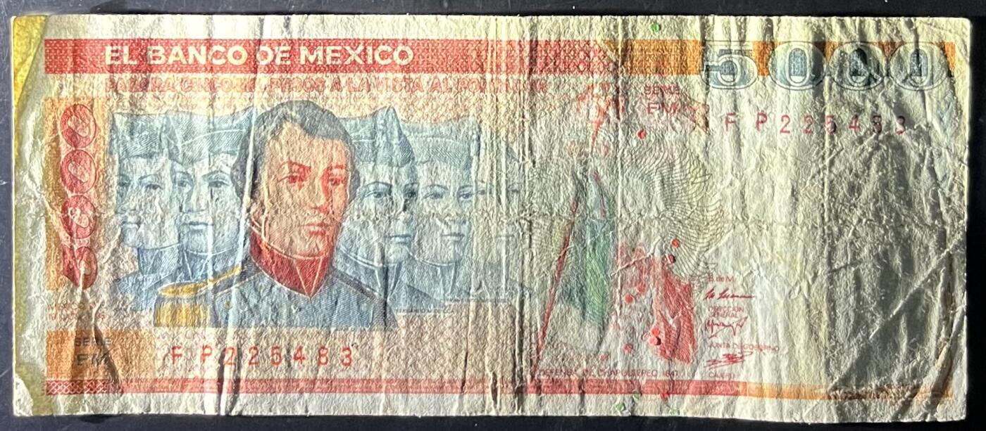 小福收藏拍卖第201期 流通品相裸钞 特惠场 本场拍卖美洲大洋洲非洲亚洲纸币【佣金仅收2% 不设最低佣金 全场包邮】 墨西哥 5000比索 橙色人头版 少见