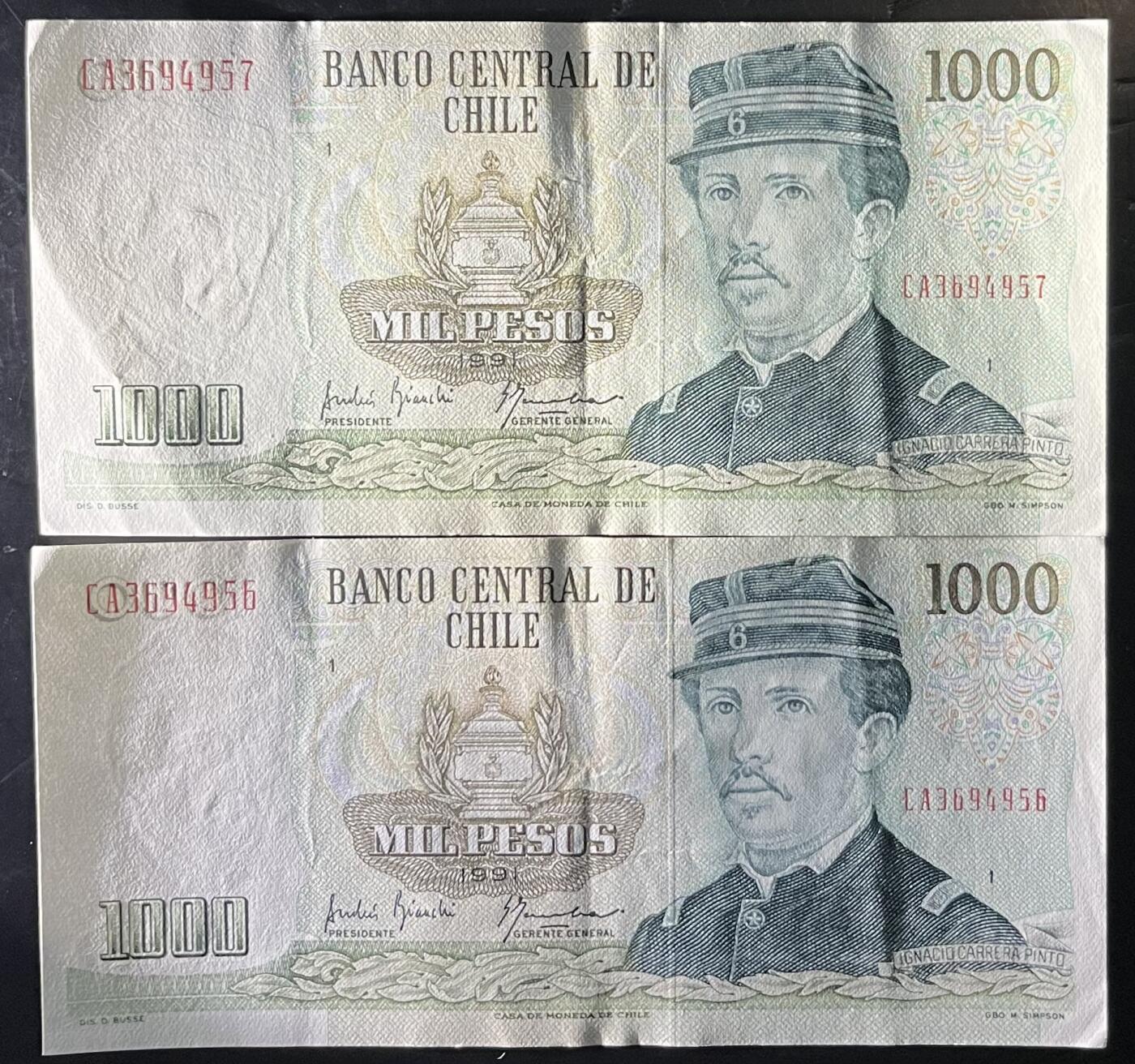 小福收藏拍卖第201期 流通品相裸钞 特惠场 本场拍卖美洲大洋洲非洲亚洲纸币【佣金仅收2% 不设最低佣金 全场包邮】 智利 1991年 1000比索 1组2张 