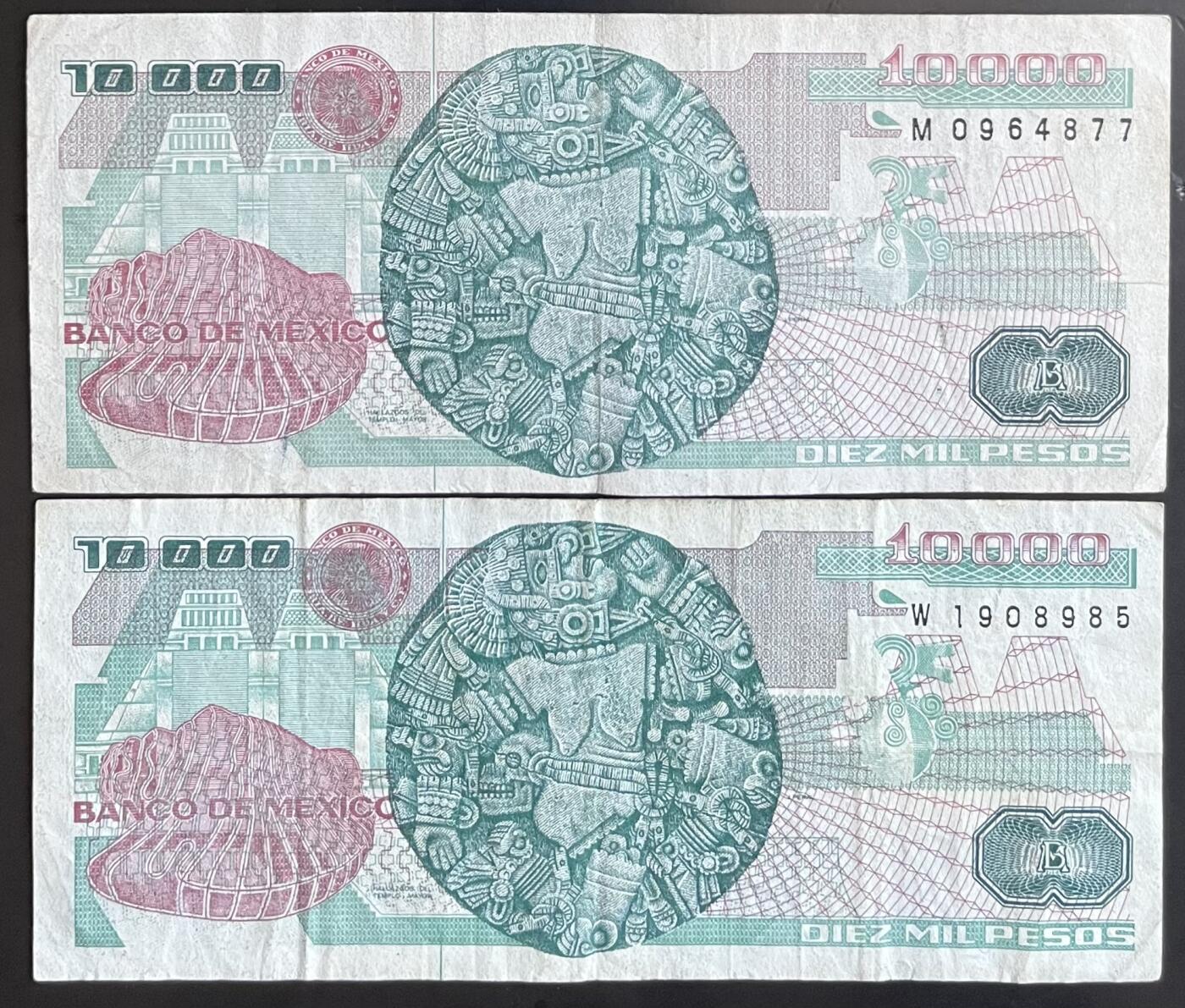 小福收藏拍卖第201期 流通品相裸钞 特惠场 本场拍卖美洲大洋洲非洲亚洲纸币【佣金仅收2% 不设最低佣金 全场包邮】 墨西哥 1989+1991年 10000比索 1组2张 