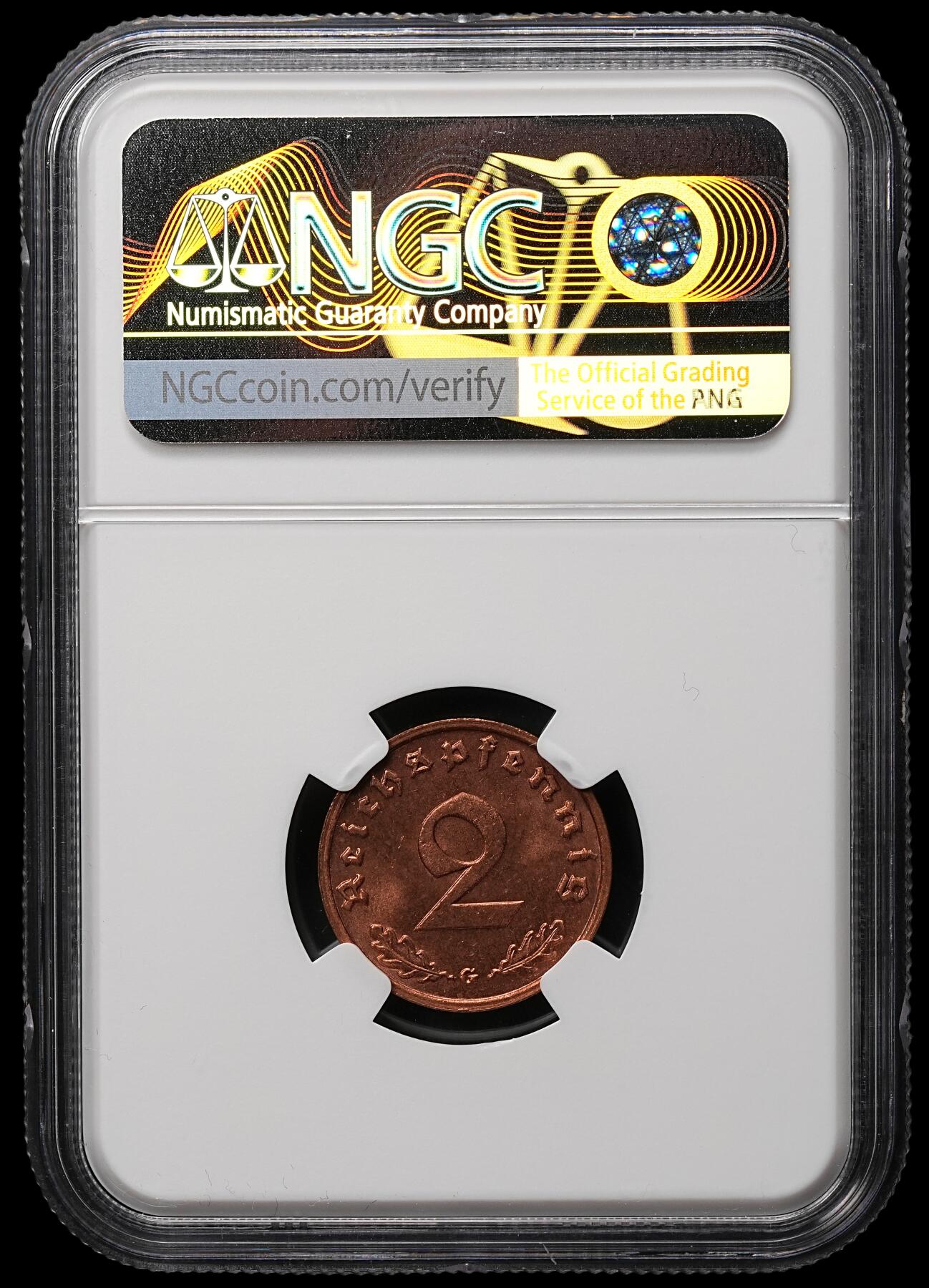 修遠堂世界钱币第106期，请看参拍说明 NGC MS64RB 1939年德国2芬尼铜币 G厂铭