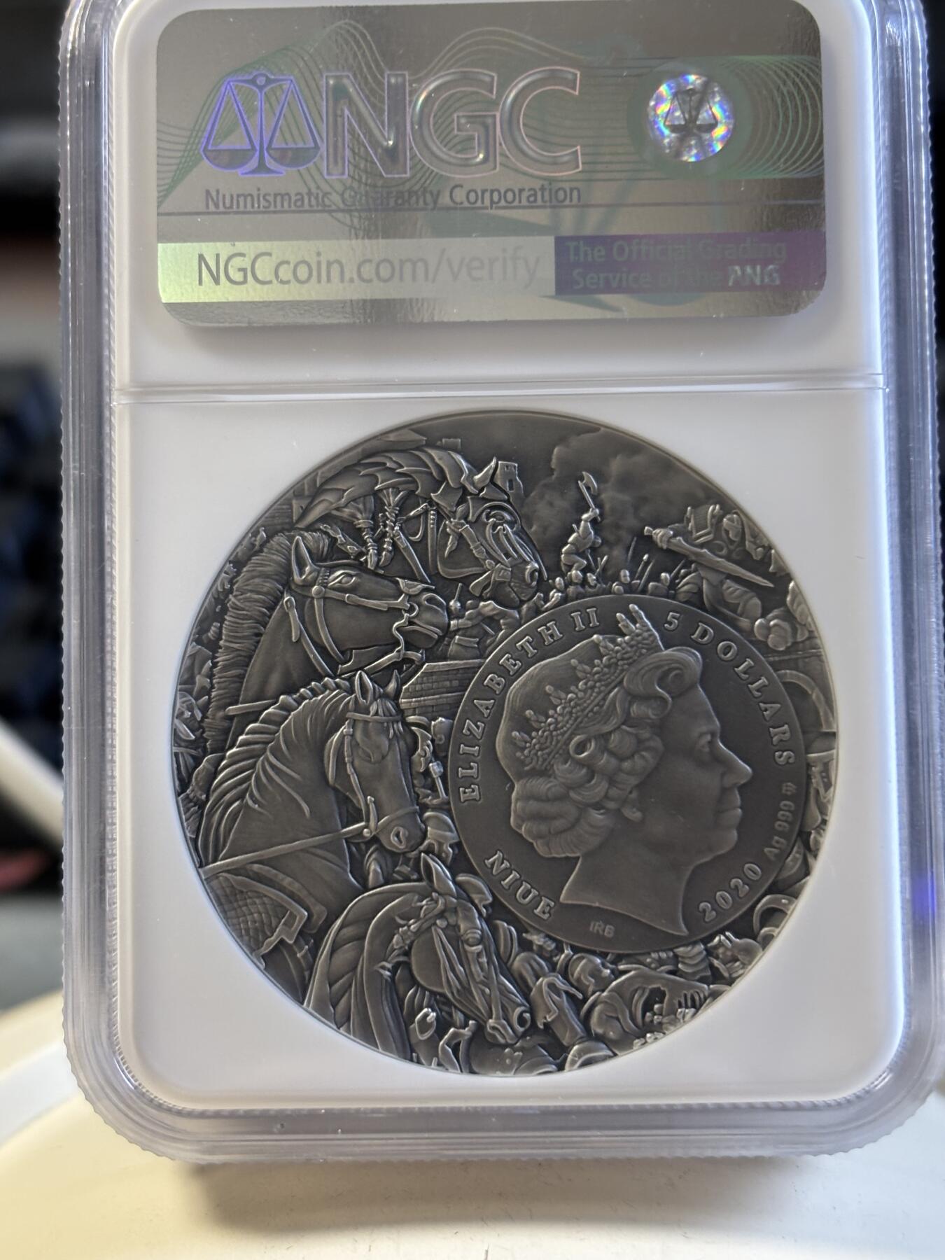 第192期拍卖 纽埃2020年天启黑马骑士镀金纪念银币NGC-MS70特殊标，999银，发行500枚