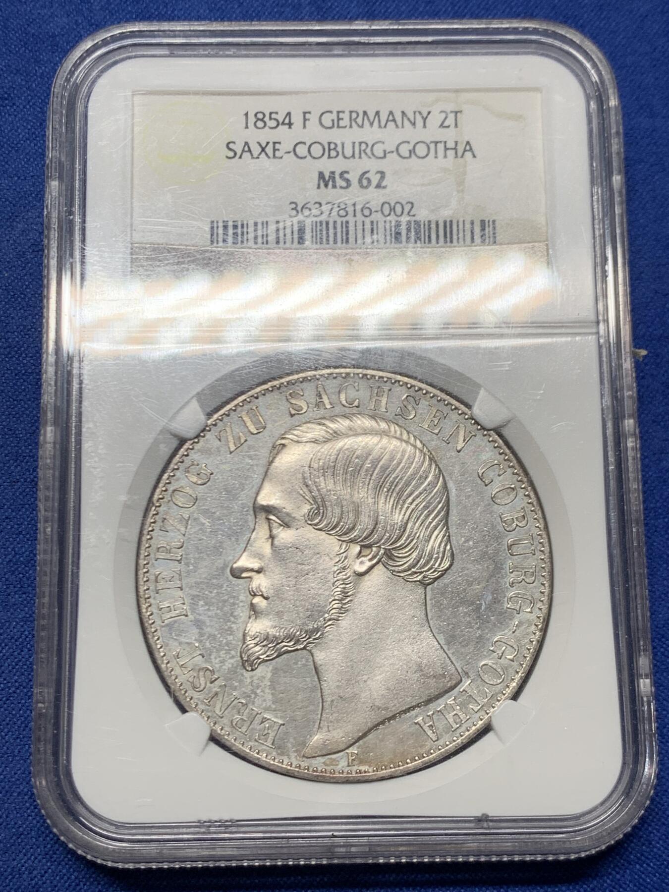 《竞宝斋》第466场 周日，周一 2场连拍 （全场包邮）欢迎送拍 NGC MS62 德国 1854年 萨克森-科堡-哥达公国  欧内斯特二世 2泰勒大银币 值得收藏