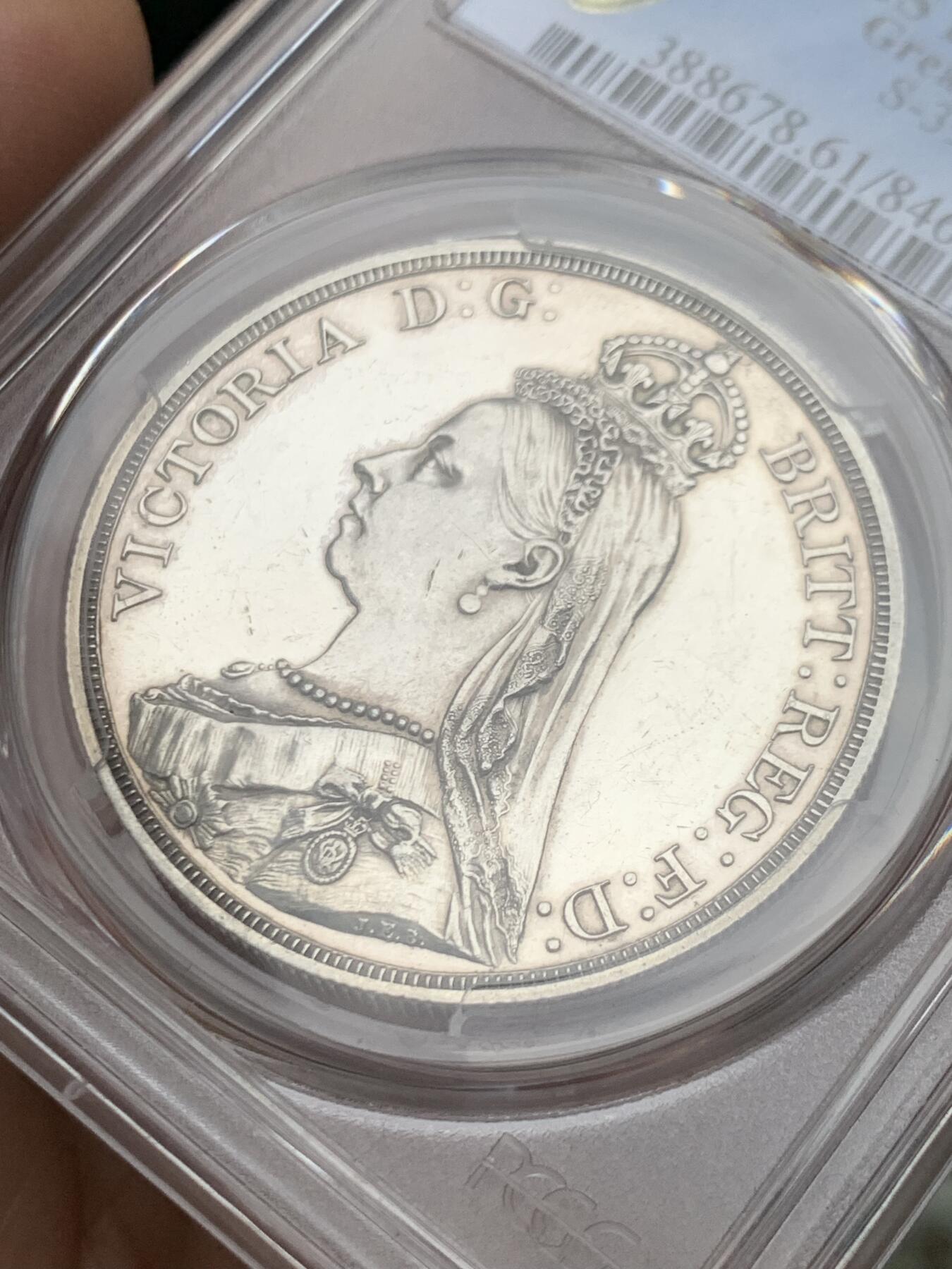 《竞宝斋》第466场 周日，周一 2场连拍 （全场包邮）欢迎送拍 PCGS PR61CAM 英国 1887年 精制高冠马剑克朗 银币 发行量1000的经典大热品种 CAM难得 HA一月份N盒同分61CAM拍卖成交价2684刀（Auction61586,Lot23204)