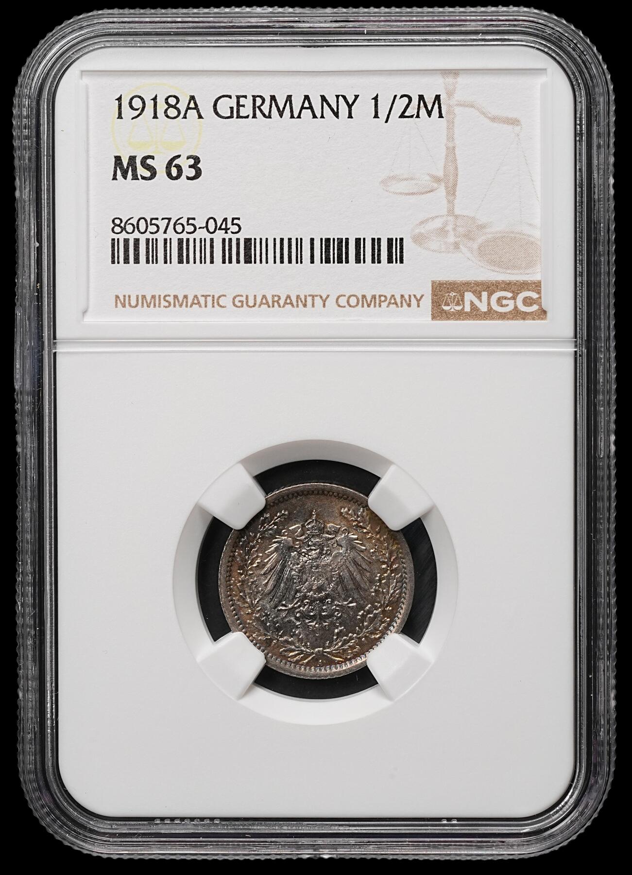 修遠堂世界钱币第106期，请看参拍说明 NGC MS63 1918年德国1/2马克银币 A厂铭