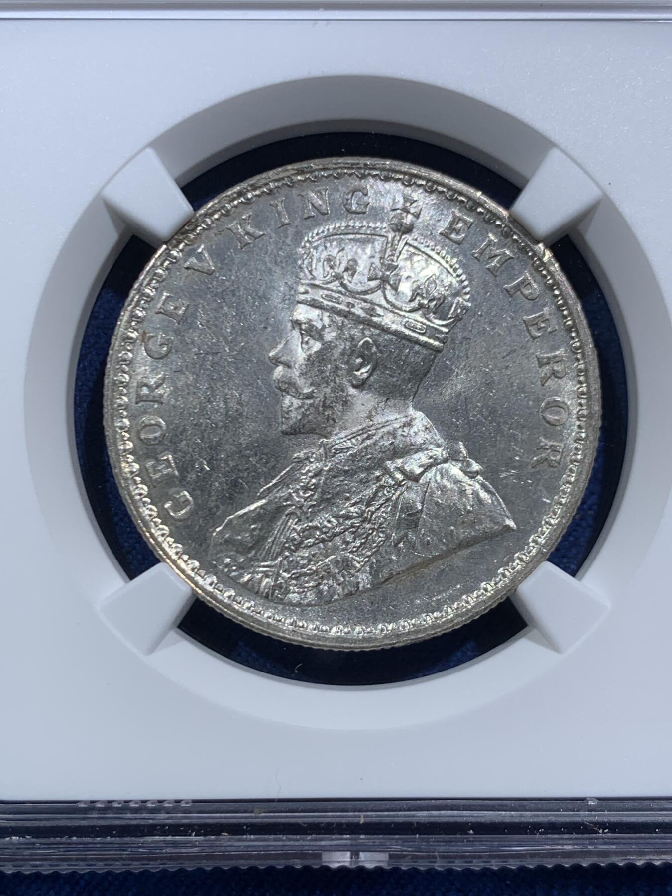 《竞宝斋》第466场 周日，周一 2场连拍 （全场包邮）欢迎送拍 NGC MS62 英属印度1920年乔治五世1卢比银币