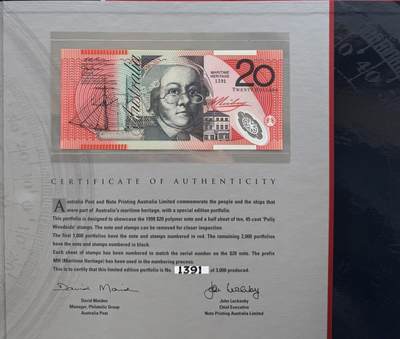 2026第4场（总第231期）：精品测试钞、外钞综合场  - 黑字版/MH99冠 澳大利亚“海上文化遗产”20澳元特殊加盖塑料纪念钞册装UNC（第1391号）