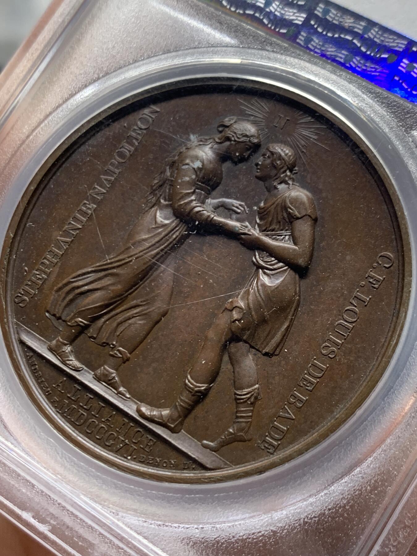 《竞宝斋》第466场 周日，周一 2场连拍 （全场包邮）欢迎送拍 PCGS SP64 冠军分 法国1806年拿破仑原铸铜章 与巴登公国联姻 巴黎造币厂紫檀色包浆 头顶光芒四射的