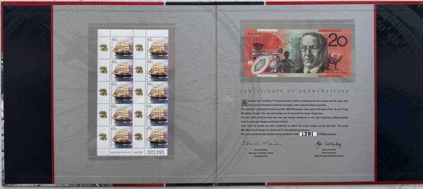 2026第4场（总第231期）：精品测试钞、外钞综合场  黑字版/MH99冠 澳大利亚“海上文化遗产”20澳元特殊加盖塑料纪念钞册装UNC（第1391号）