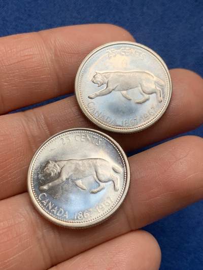 《竞宝斋》第466场 周日，周一 2场连拍 （全场包邮）欢迎送拍 - 两枚一组 加拿大1967年建国百年纪念25分银币 正面伊丽莎白二世女王 背面猞猁 总重11.9克