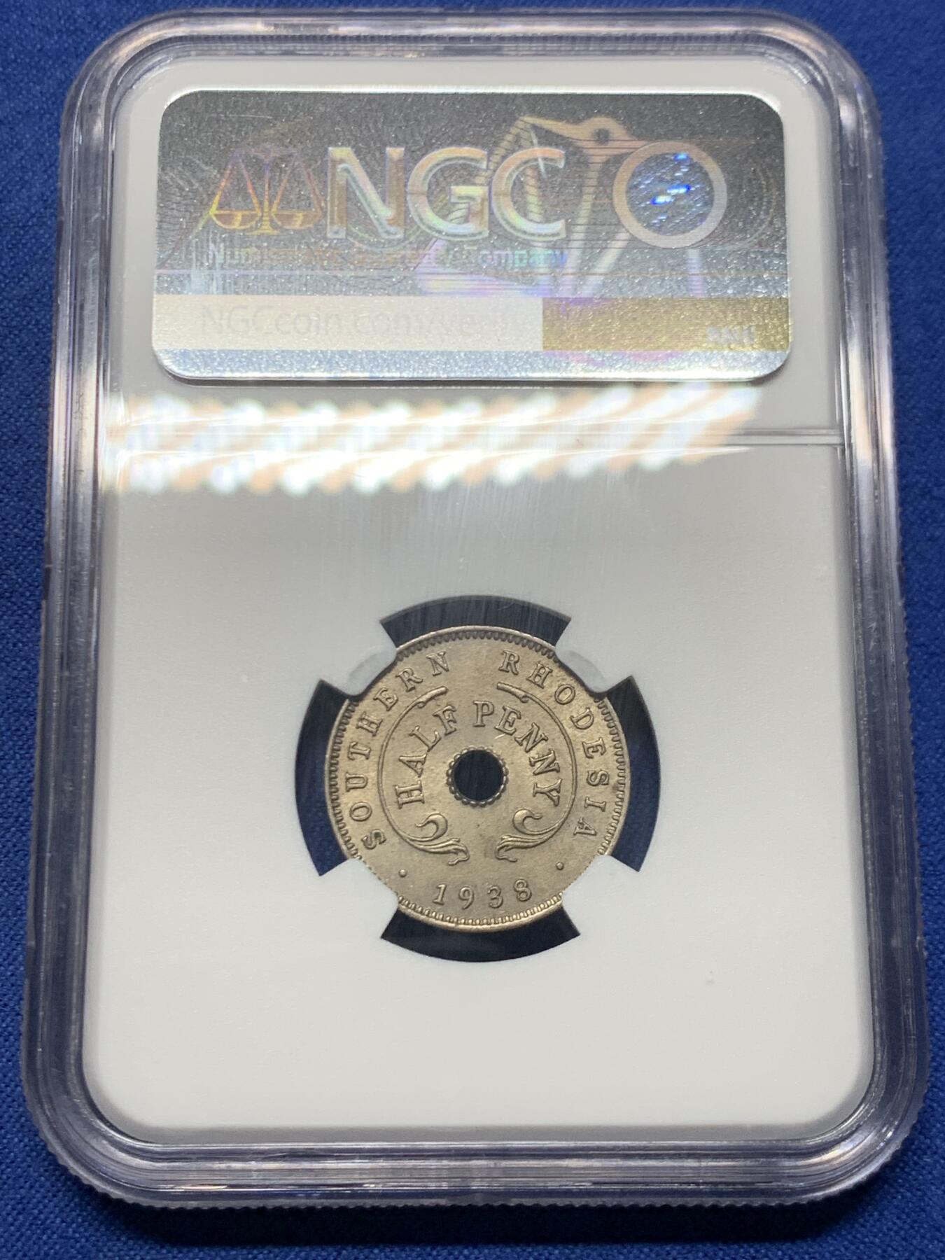 《竞宝斋》第466场 周日，周一 2场连拍 （全场包邮）欢迎送拍 NGC MS64 南罗得西亚1938年乔治六世1/2便士