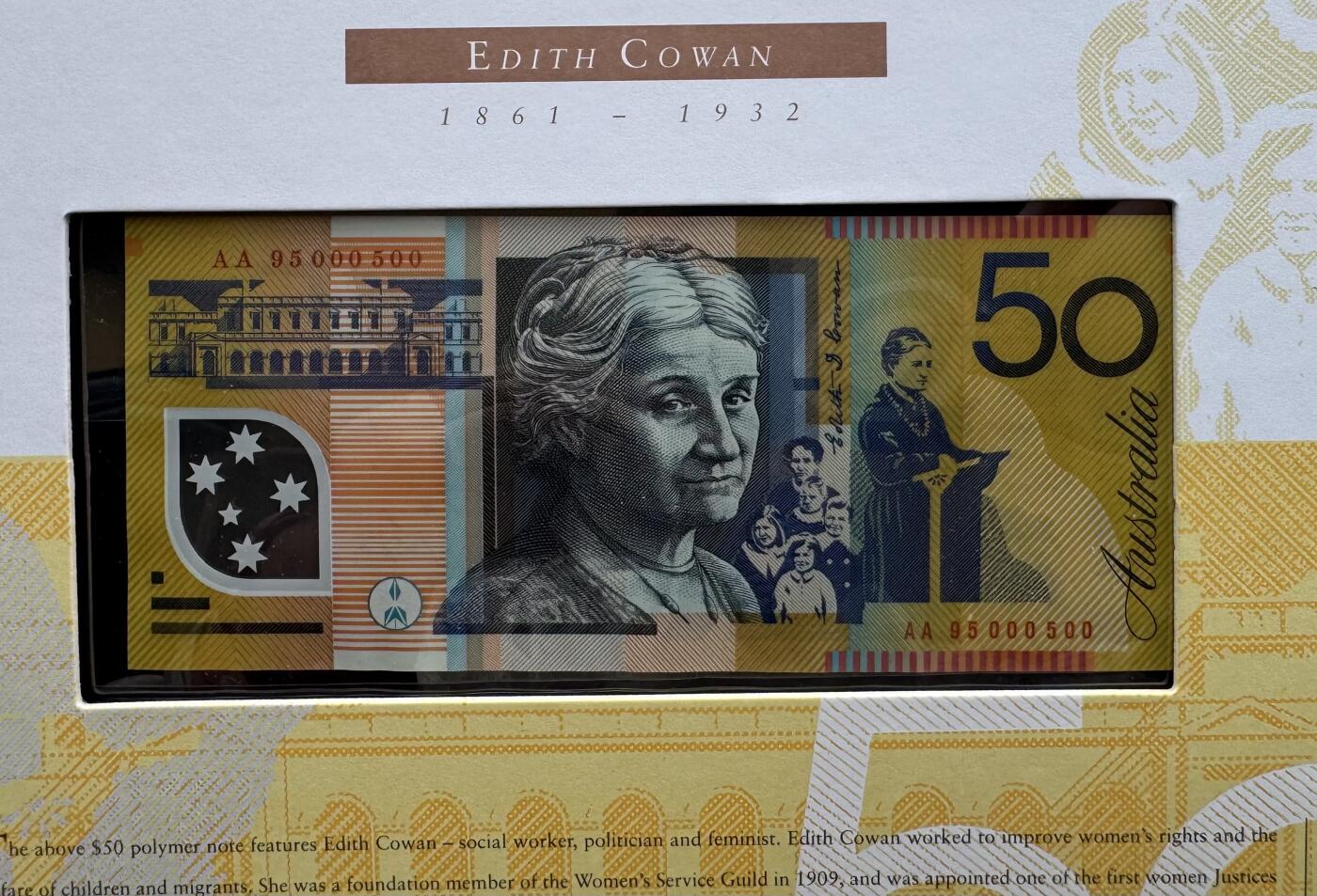 2026第4场（总第231期）：精品测试钞、外钞综合场  双钞册/澳大利亚“纸塑同号首发”50元AA冠红字特殊加盖纪念册装UNC（第500号）