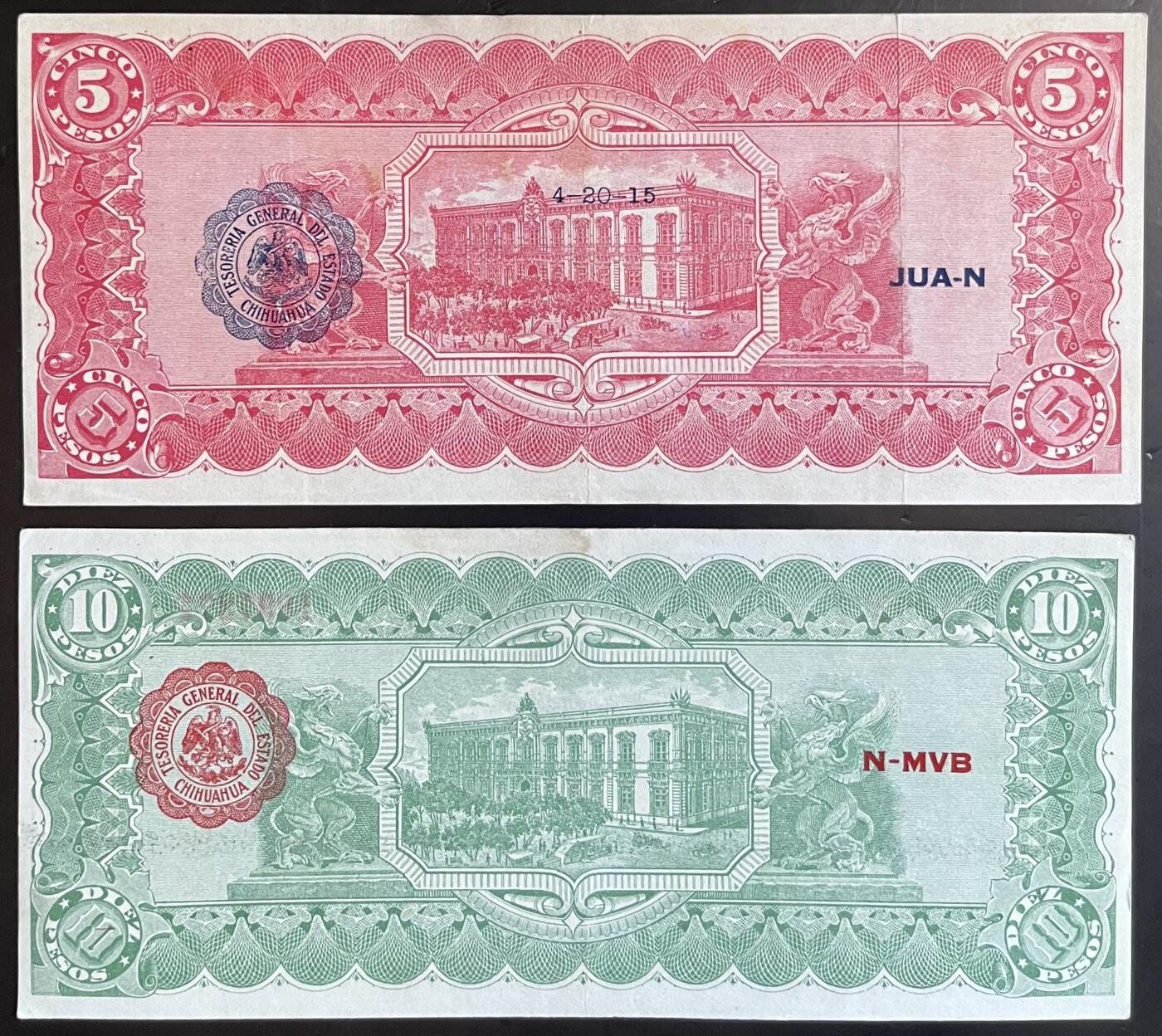 小福收藏拍卖第201期 流通品相裸钞 特惠场 本场拍卖美洲大洋洲非洲亚洲纸币【佣金仅收2% 不设最低佣金 全场包邮】 墨西哥 1915年 5+10比索 1组2张 XF-AUNC