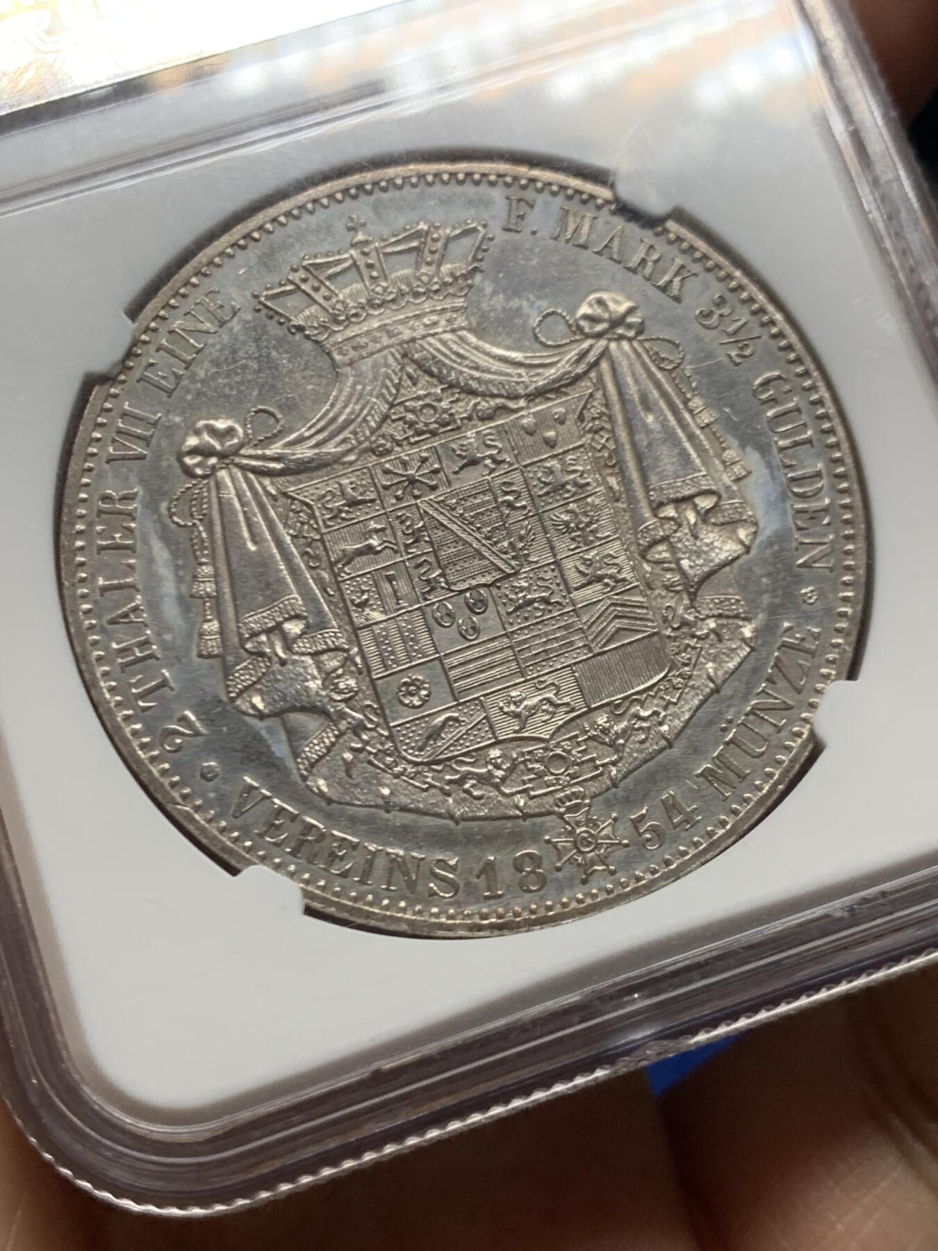 《竞宝斋》第466场 周日，周一 2场连拍 （全场包邮）欢迎送拍 NGC MS62 德国 1854年 萨克森-科堡-哥达公国  欧内斯特二世 2泰勒大银币 值得收藏