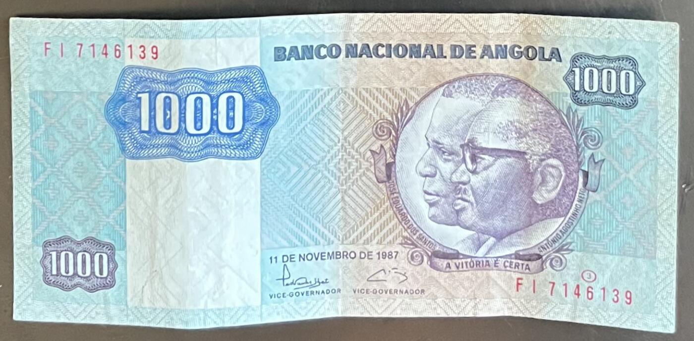小福收藏拍卖第201期 流通品相裸钞 特惠场 本场拍卖美洲大洋洲非洲亚洲纸币【佣金仅收2% 不设最低佣金 全场包邮】 安哥拉 1987年 1000宽扎 