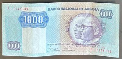 小福收藏拍卖第201期 流通品相裸钞 特惠场 本场拍卖美洲大洋洲非洲亚洲纸币【佣金仅收2% 不设最低佣金 全场包邮】 - 安哥拉 1987年 1000宽扎 