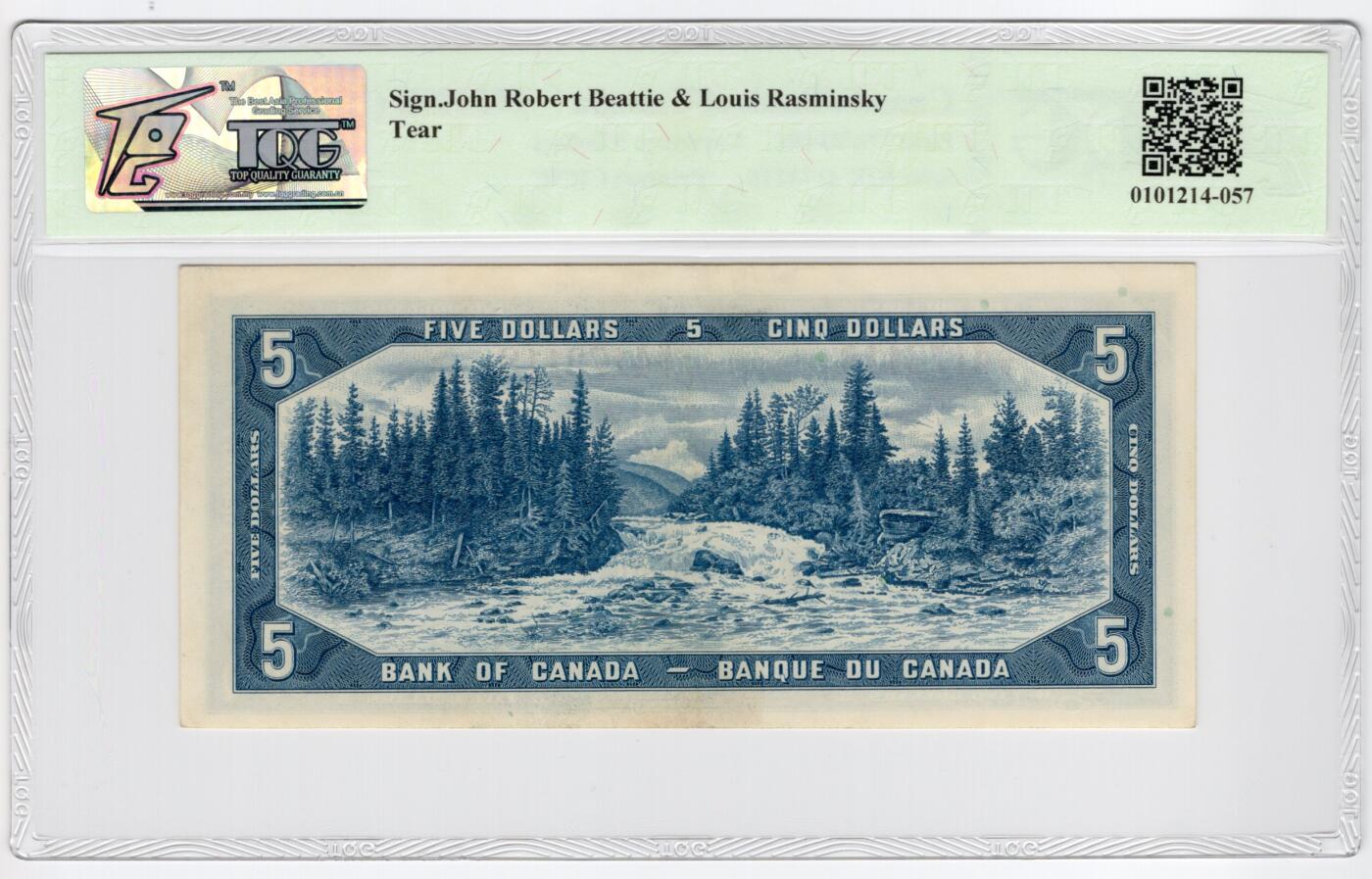 PThappally收藏第55次拍卖，英联邦地区硬币纸币 1961 加拿大 5 元 签名为J.R. Beattie &Louis Rasminsky, Pick:77b, TQG 58 Choice About UNC