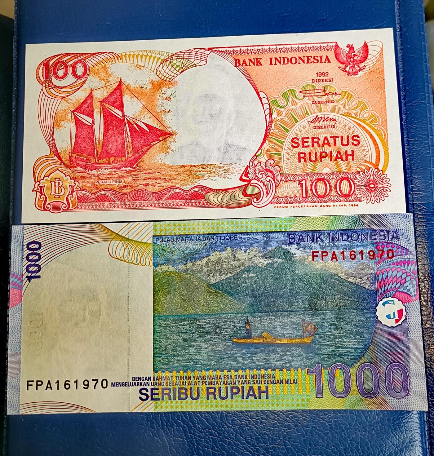 全新印度尼西亚1992年100卢比、2016年1000卢比靓品纸币2枚一组