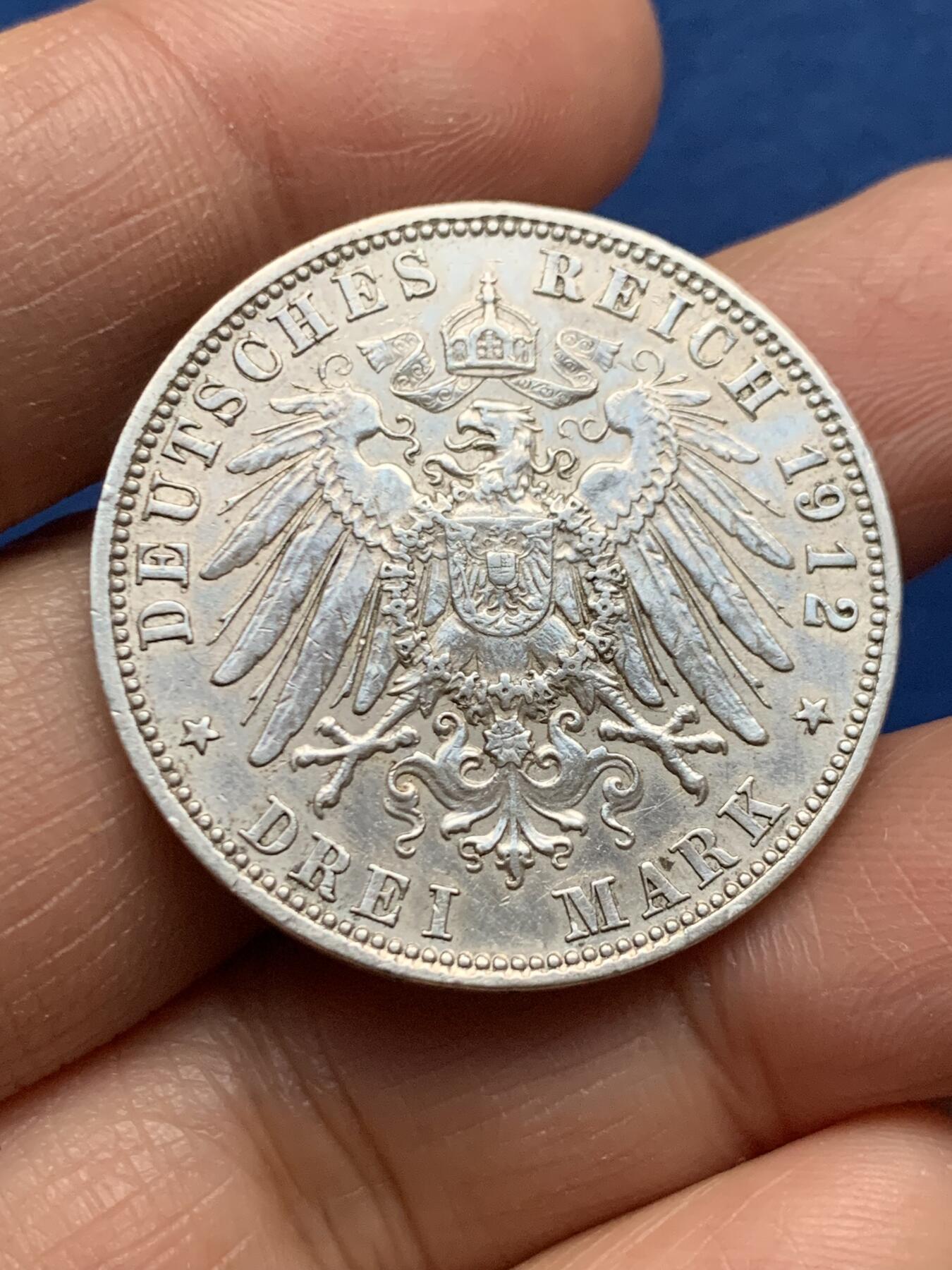 《竞宝斋》第466场 周日，周一 2场连拍 （全场包邮）欢迎送拍 德意志1912年巴伐利亚大公奥托3马克银币，16.6克，900银