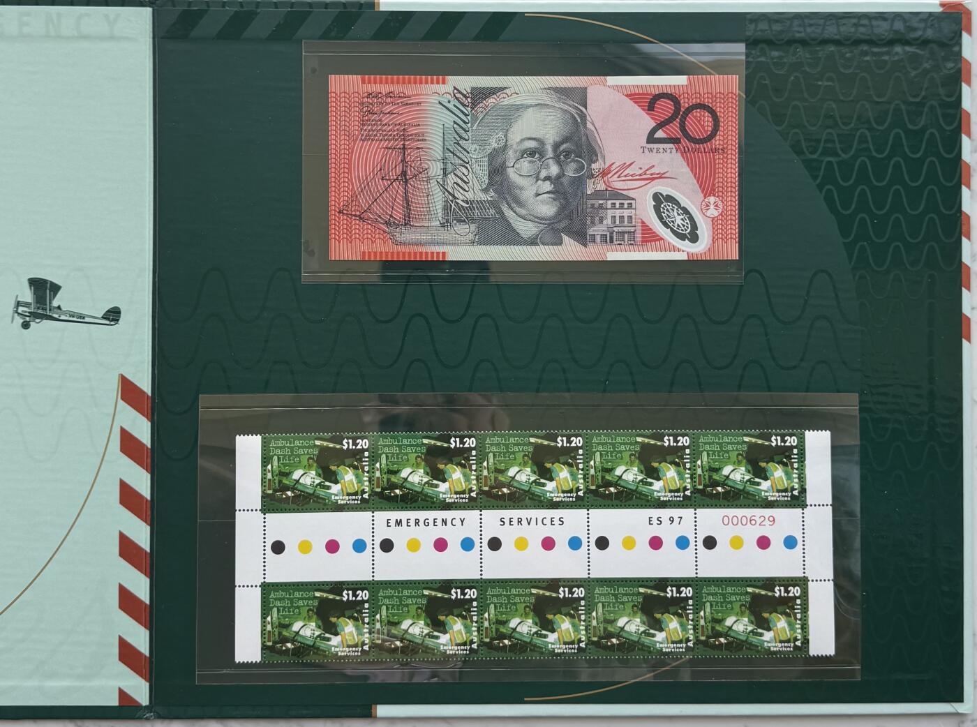 2026第4场（总第231期）：精品测试钞、外钞综合场  红字版/ES97冠 澳大利亚“皇家紧急救援服务”20澳元特殊加盖塑料纪念钞册装UNC（第629号）