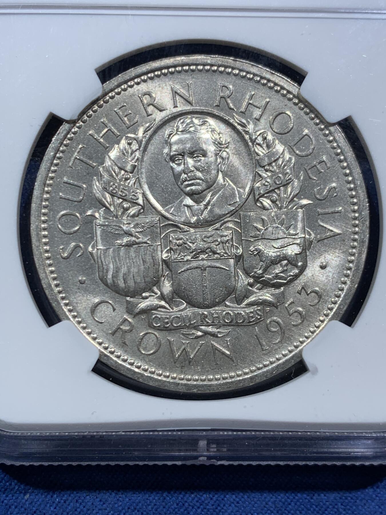 《竞宝斋》第466场 周日，周一 2场连拍 （全场包邮）欢迎送拍 NGC UNCD 南罗德西亚（津巴布韦）1953年纪念罗德斯诞辰一百周年1克朗大银币