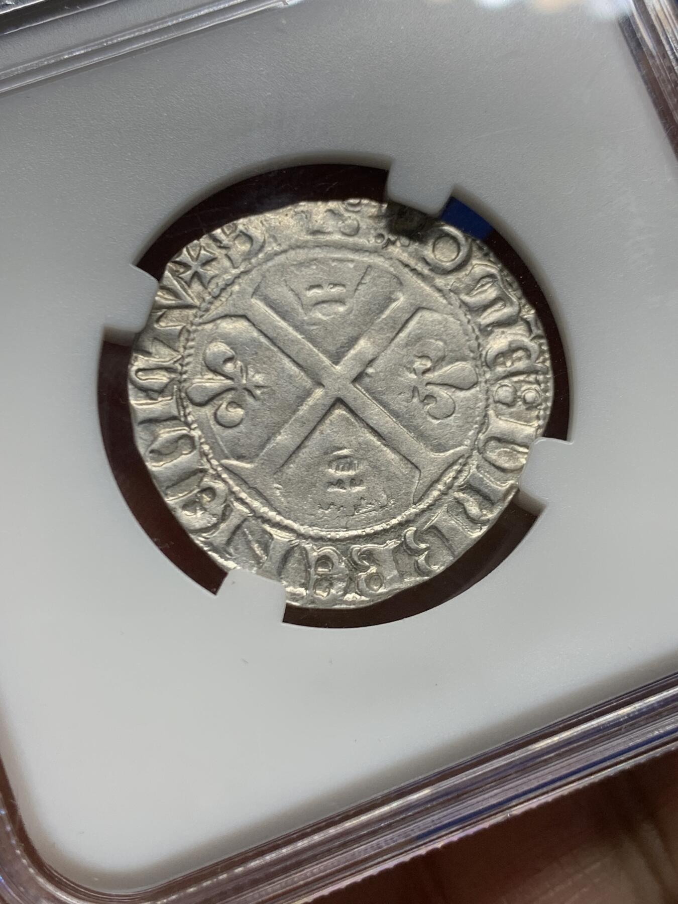 《竞宝斋》第466场 周日，周一 2场连拍 （全场包邮）欢迎送拍 ZDGS Ch XF 1380-1422年 中世纪法国查理六世1Blanc银币 铸造于百年战争时期，十分有历史意义，打制细节佳。